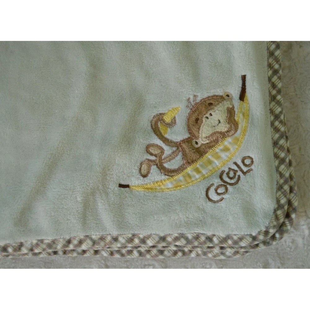 CoCaLo Monkey Banana Baby Blanket Cream Off White Tan Brown Plaid Yellow Lovey
